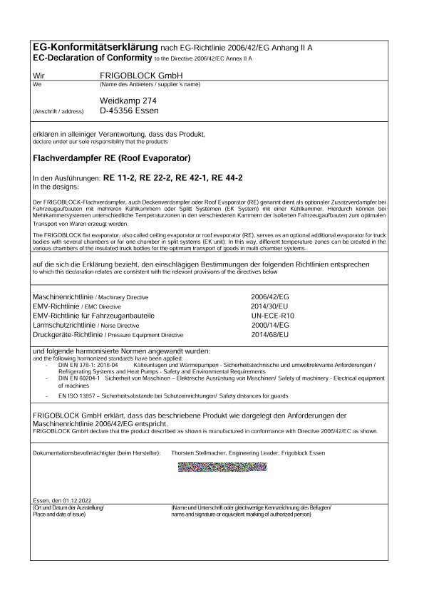 EG-Konformitätserklärung Deckenverdampfer Bauart RE