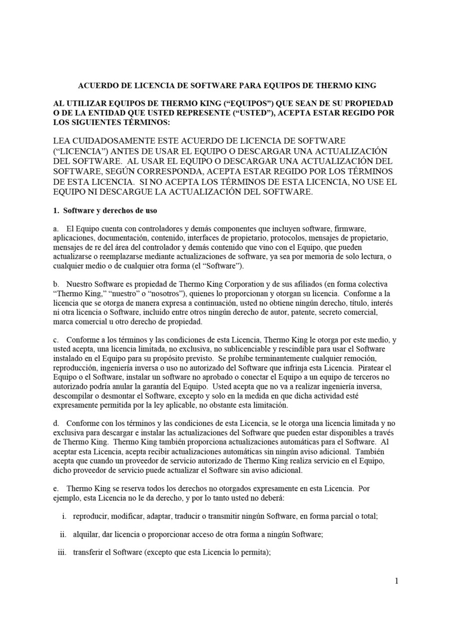 ACUERDO DE LICENCIA PARA EL SOFTWARE DEL EQUIPO DE THERMO KING