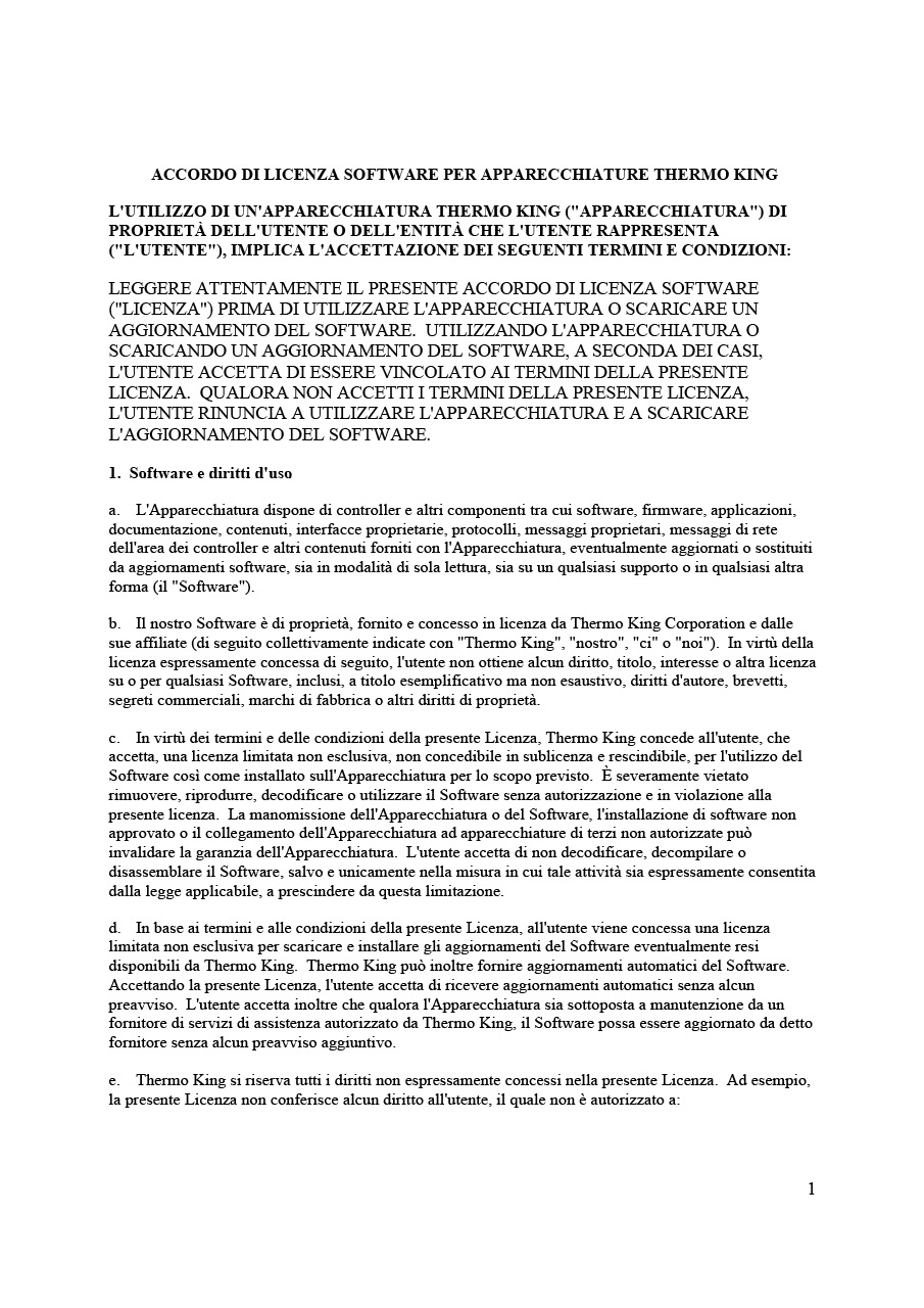 ACCORDO DI LICENZA SOFTWARE PER APPARECCHIATURE THERMO KING