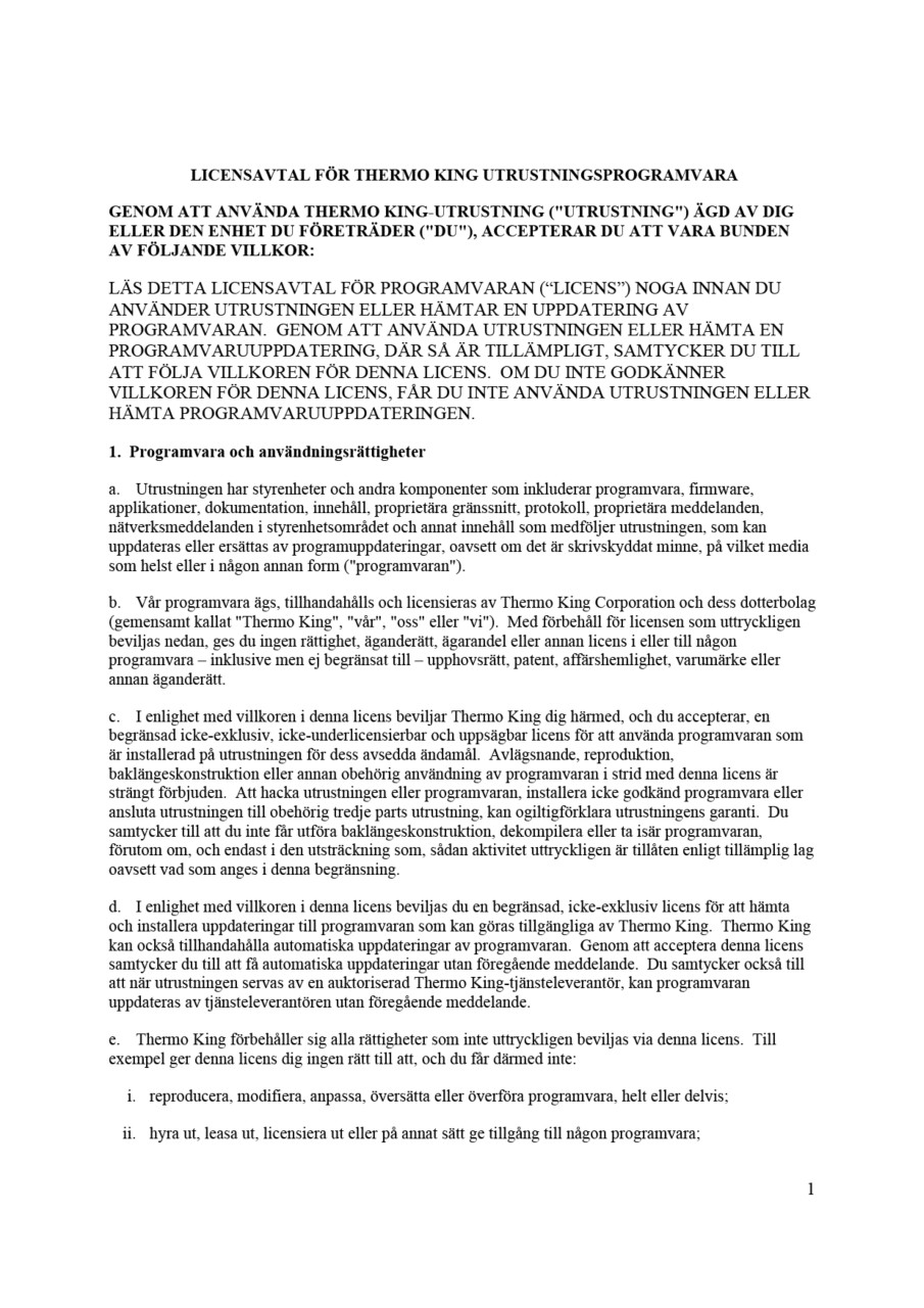 LICENSAVTAL FÖR THERMO KING UTRUSTNINGSPROGRAMVARA